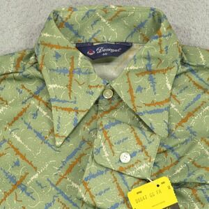 VINTAGE Shirt Mens Medium 70s Donegal Dagger Collar Green Barbwire Print Disco